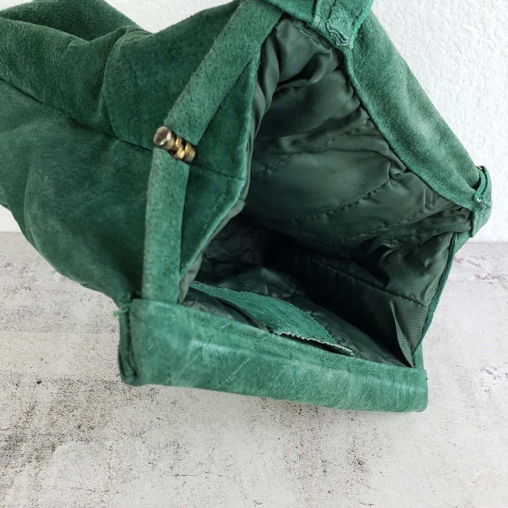 Vintage Suede Leather Purse Bag Emerald Green Crossbody Big Mouth Chain Strap